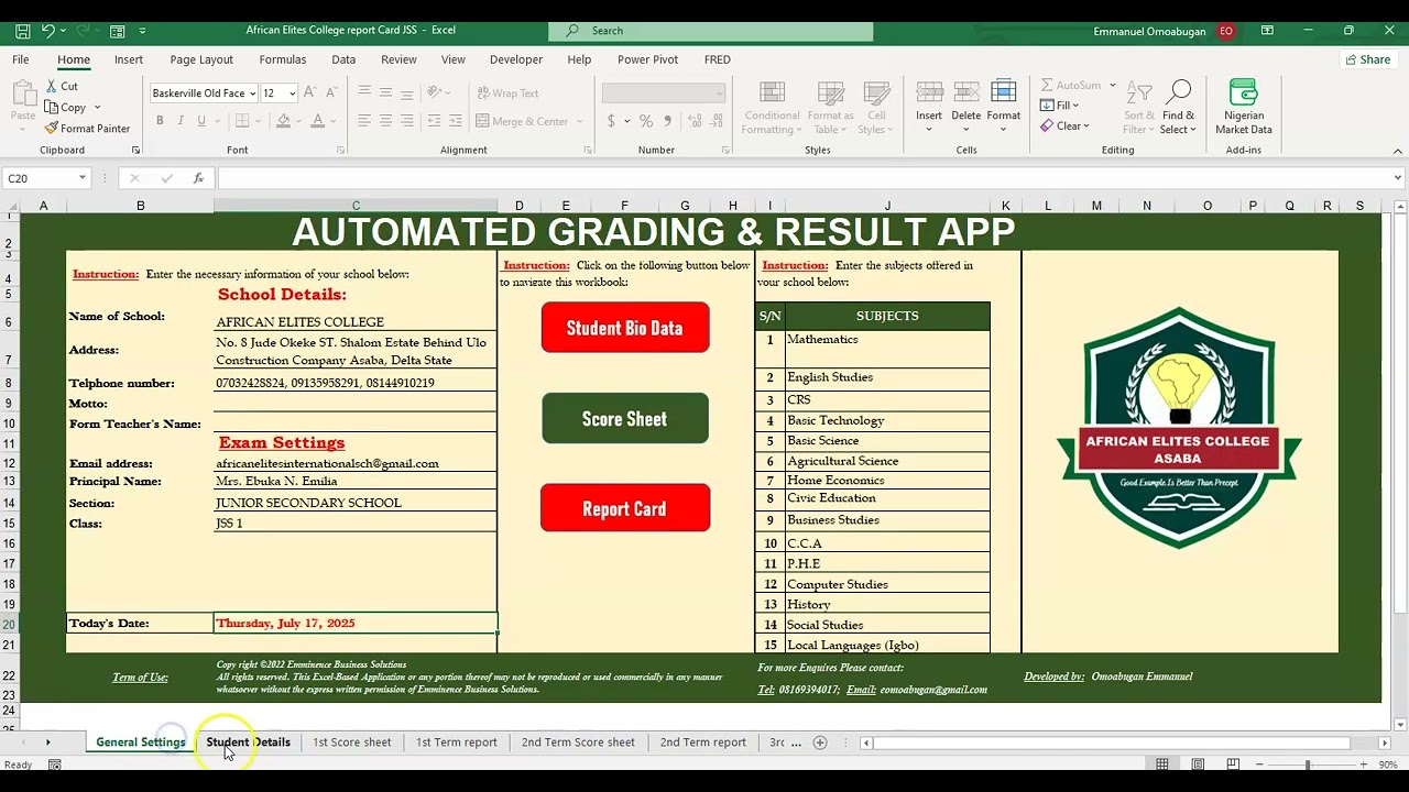 Automated report card template on Microsoft Excel - JSS (Junior Secondary School template)