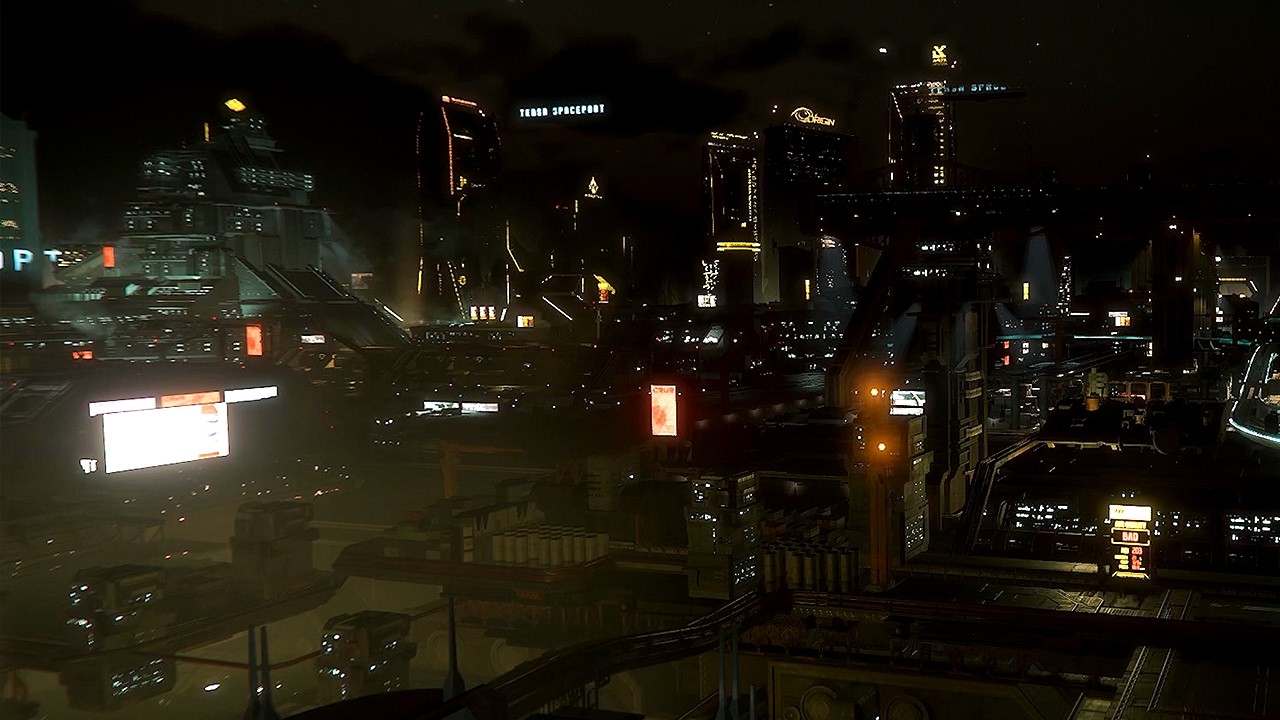 Star Citizen Ambience | Lorville Skyline – Overlooking Teasa Spaceport | Strong Wind & City Hum