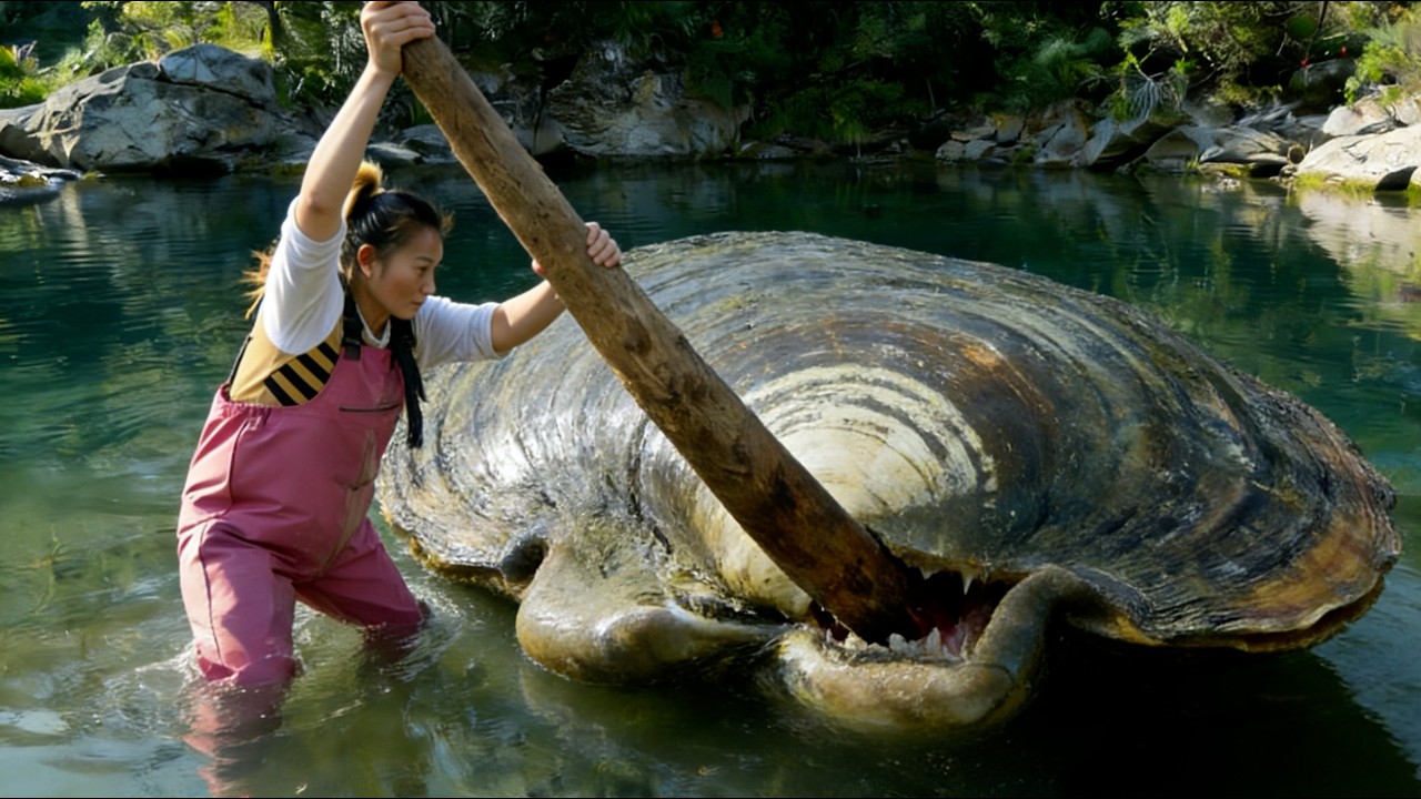 The girl fought against the deformed clam with a big stick and won the beautiful pearl