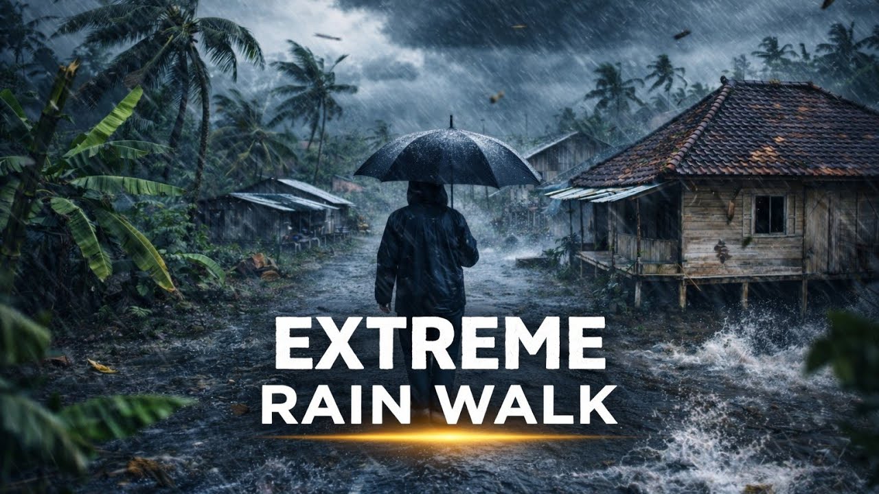 Extreme Rain Walk in a Powerful Village Storm | Wind & Rain Sleep Sounds