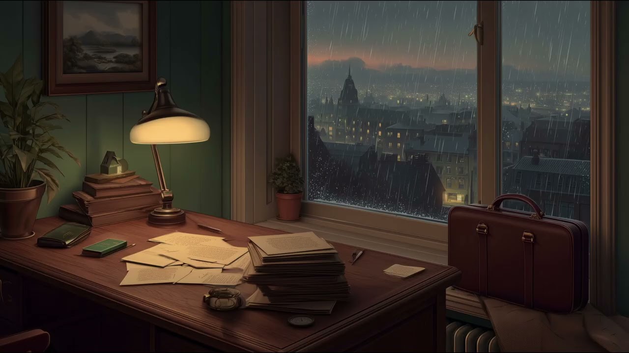 1960s jazz, noir office with rain