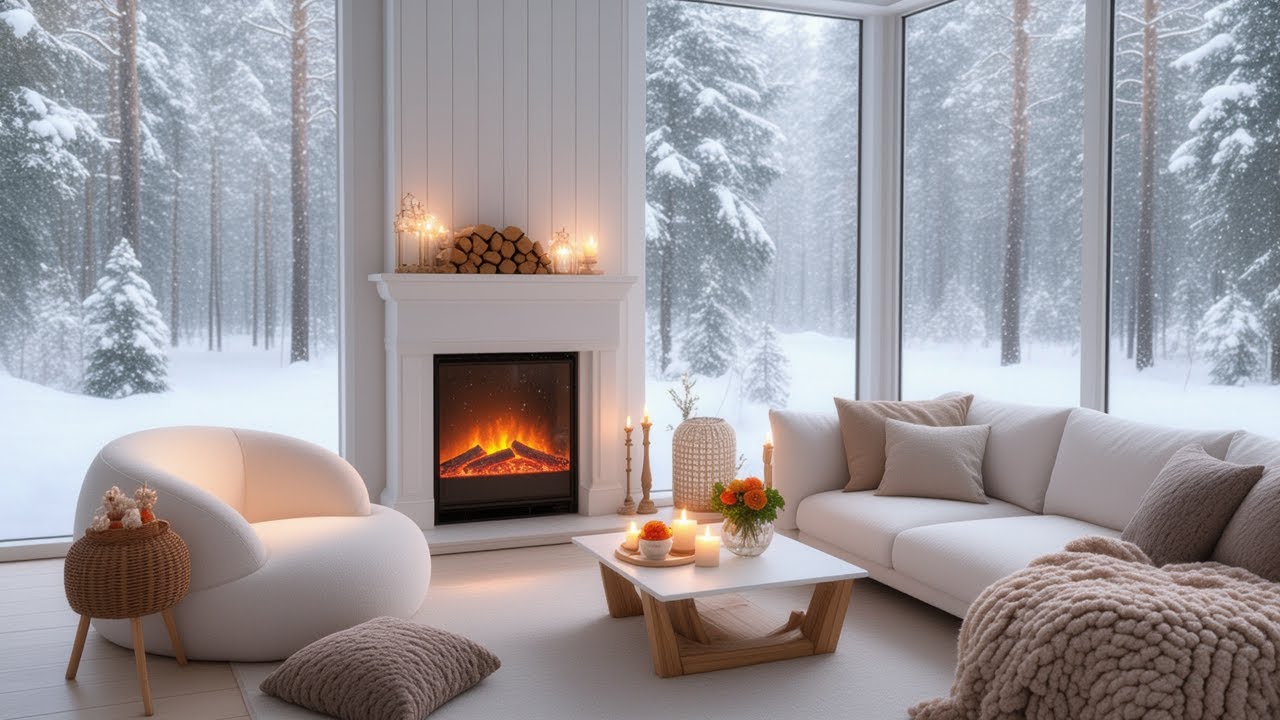 Relaxing Jazz Coffee Shop ☕❄️ Cozy Winter Ambience with Fireplace for Study & Focus