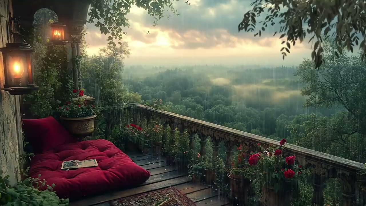 Quiet Rainfall Over the Forest from a Warm Winter Balcony with Candlelight ASMR