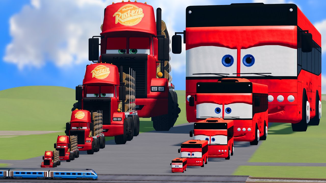 Big & Small Mack Truck vs Big & Small Bus Lightning Mcqueen vs Trains | BeamNG.Drive