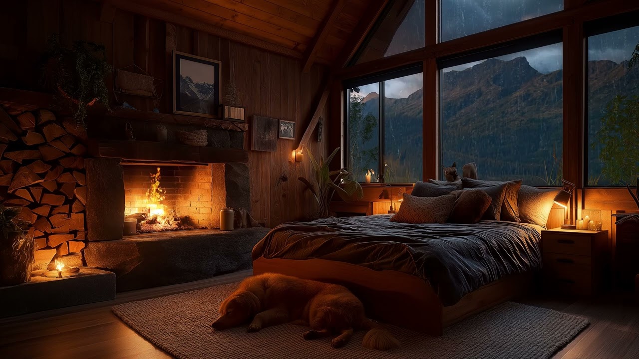 Cozy Bedroom Rain & Wind Storm Night | Fireplace Ambience, Sleeping Pets & Distant City Lights