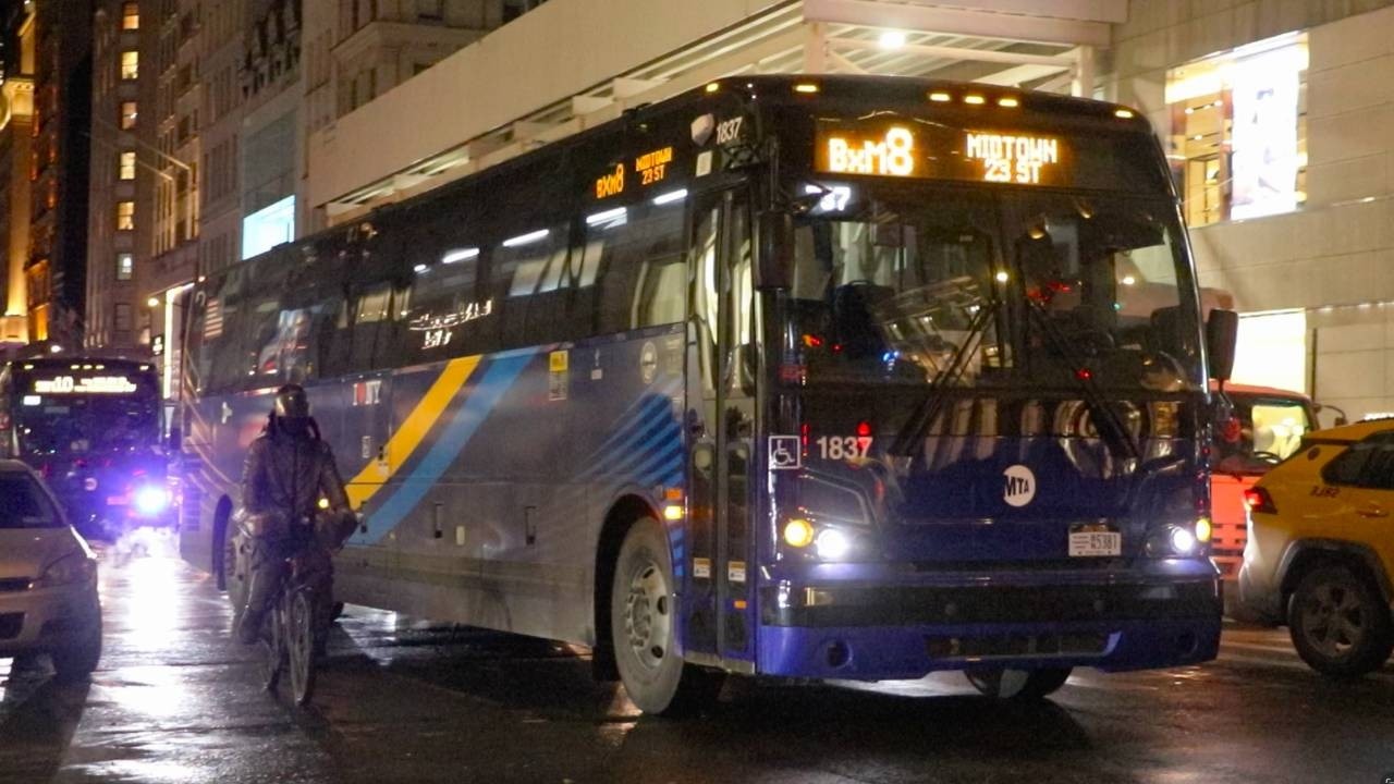 MTA Bus Company: 2026 Prevost X3-45 #1837 on the BxM8 at 5th Avenue and 52nd Street