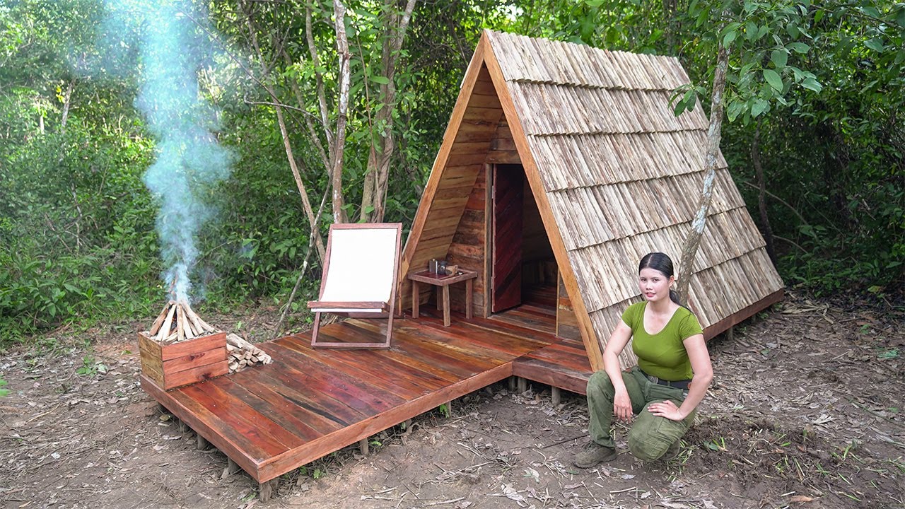 Building A-Frame Cabin With Wooden Roof from START TO FINISH | Alone in the wilderness build