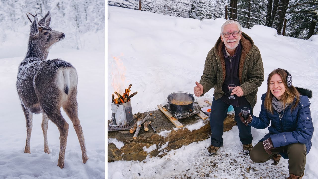 Desayuno MONTAÑÉS Canadiense 🍳🇨🇦 Cocinando en la Nieve + Ciervo Visitante y Tormenta Invernal 🦌❄️