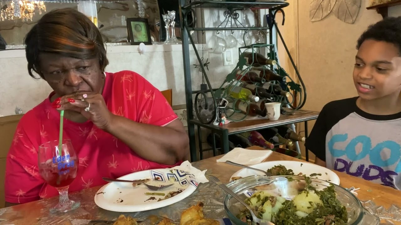 Today we’re eating oven fried chicken collards with potatoes