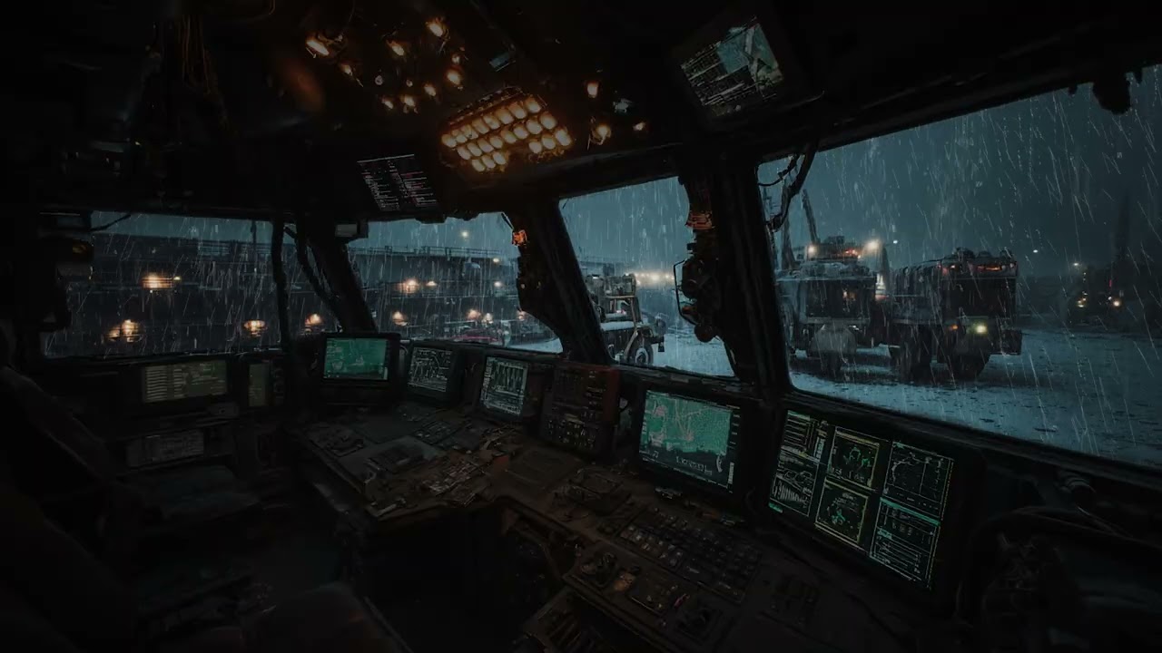 Dark Industrial Ship Bridge with Snowfall and Thunderstorm Sounds for Relaxation and Focus