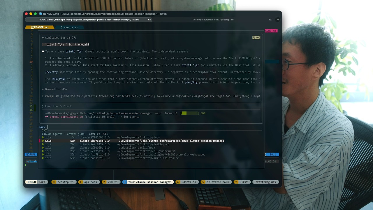 tmux-claude-session-manager@1.1.0 is out! No hook setup needed now