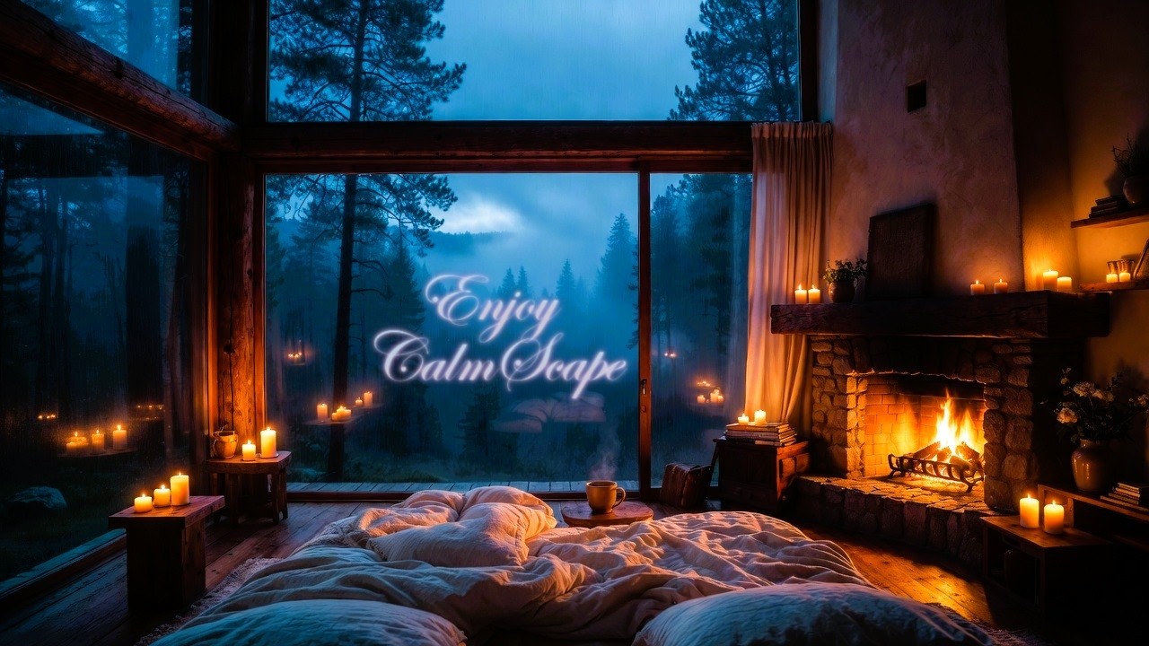Stormy Night in a Forest Cabin ⛈️ Rain, Thunder & Crackling Fireplace Sounds ☔️ 9 hours