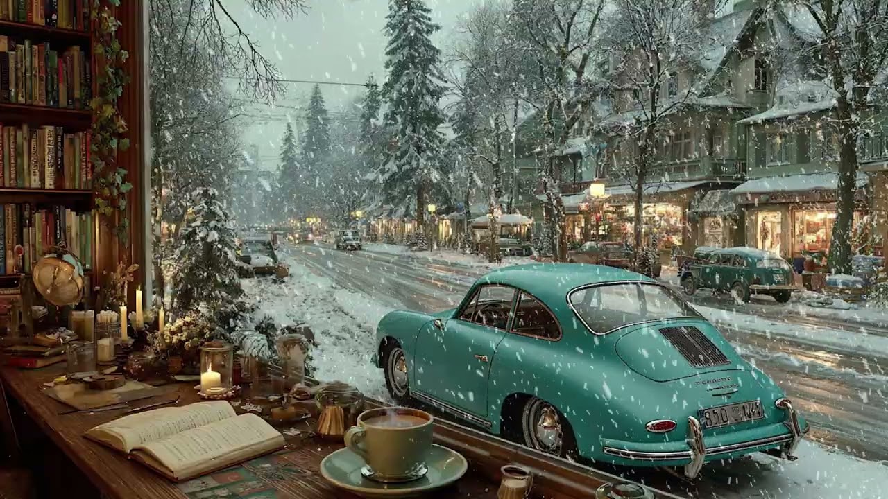 Quiet Winter Night Café Interior with Soft Wind and Warm Light | Relaxing Fireplace Ambience