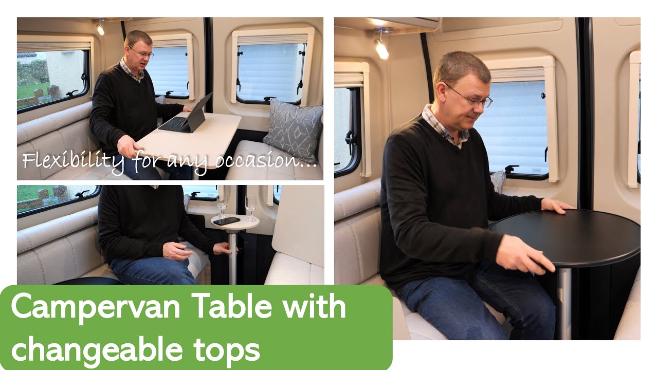 Handy table with interchangeable tops in our campervan / motorhome