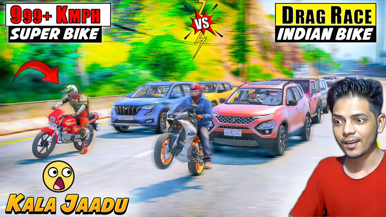 GTA 5 :🔥  INDIAN CAR VS 🚀 INDIAN BIKE 999+ KMPH SPEED HIGHWAY DRAG RACE WITH #KALA JAADU