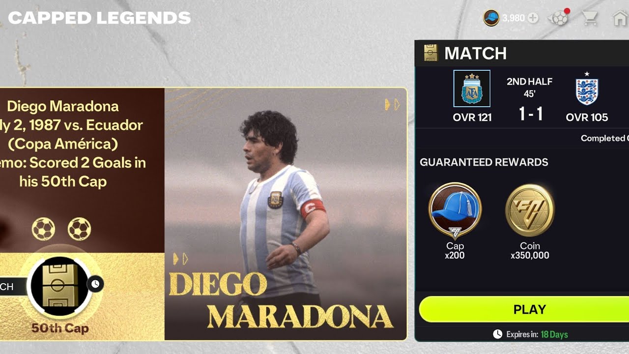 Argentina vs. England. Capped Legends. Diego Maradona. FC Mobile 