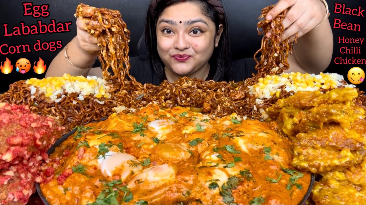 CREAMY EGG LABABDAR WITH CHEESE & CORN SPICY BLACKBEAN NOODLES, MINI CORNDOGS & HONEY CHILLI CHICKEN