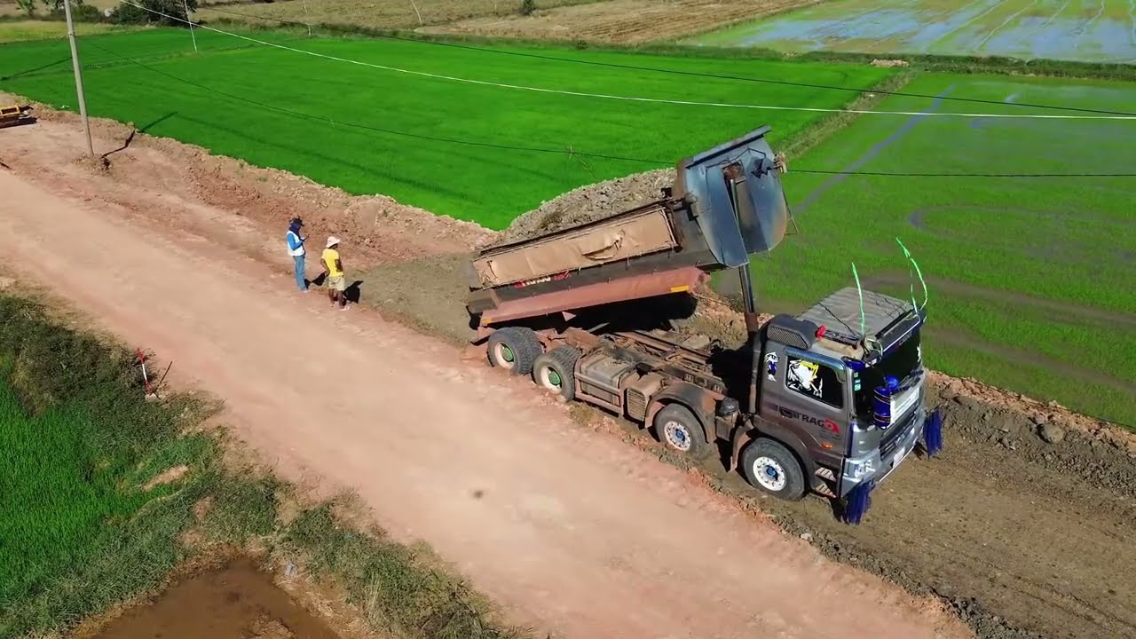 Amazing Landfill By Komatsu Bulldozer Skill Dump Truck 25T Pushing Soil Building Road For Downstair
