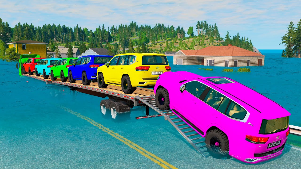 Triple Flatbed Trailer McQueen Transportation with Truck - Speedbumps vs Cars vs Train - BeamNG #256