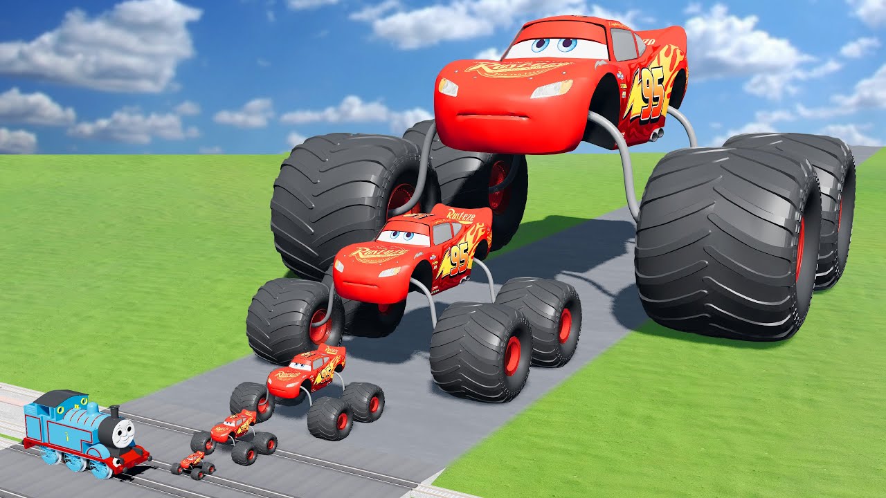 Big & Small McQueen Spider with Monster Truck Wheels VS Train | BeamNG.drive