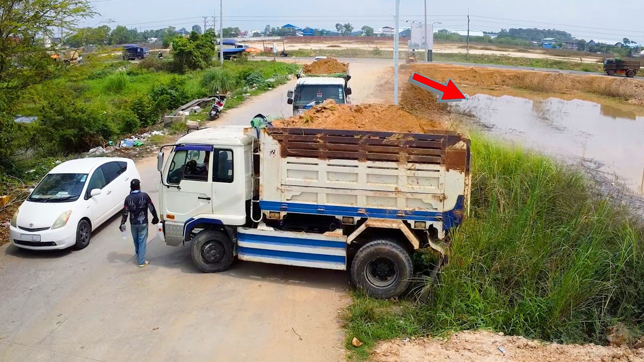 Scary Work!! 5Ton Dump Truck Soil Delete Flood and Dozer Push in Actions!