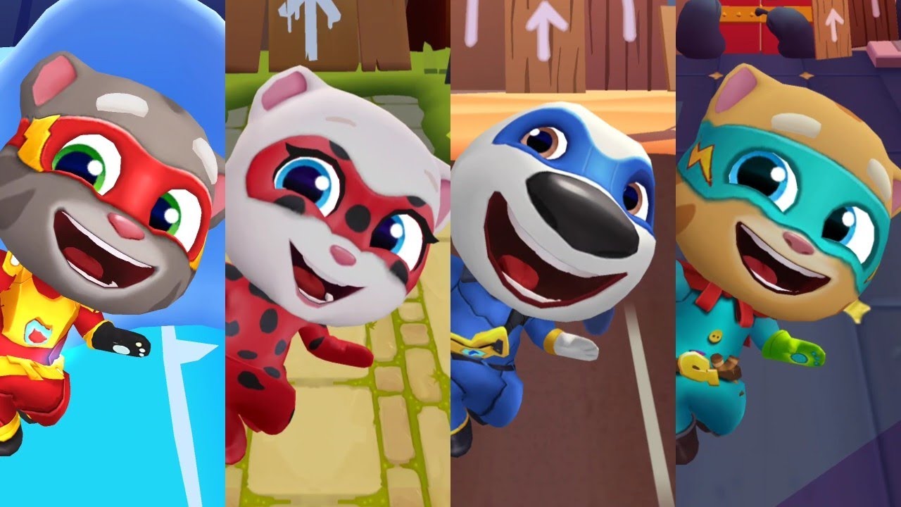 Talking Tom Hero Dash - Ginger Vs Tom Vs Hank Vs Angela Chasing Rakoon In Super Sliding Walls Squad 