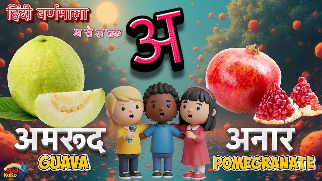 Hindi Varnamala with Two Words I A se Anar,  A Amrud I अ से अनार अ से अमरूद I K se kabootar 🍋‍🟩 ।