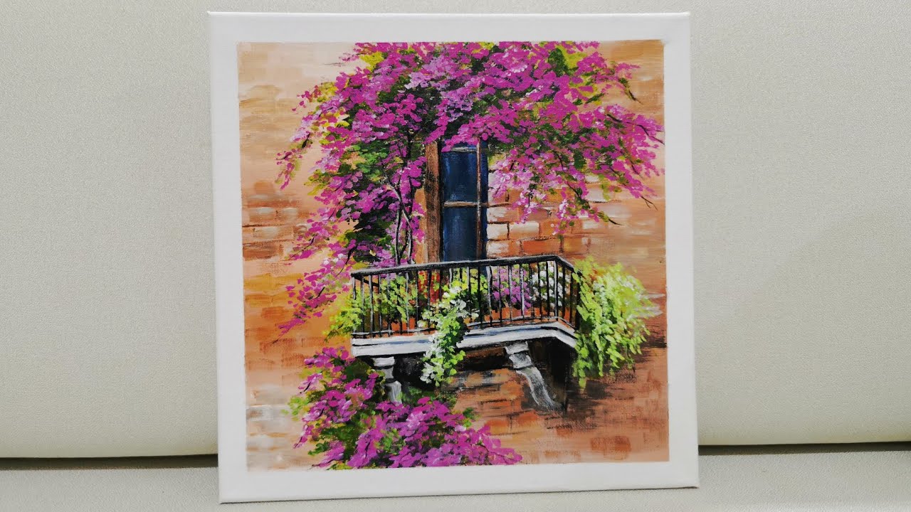 Flowers in  window 🌸🌸||Easy Bougainvillea || Acrylic Painting