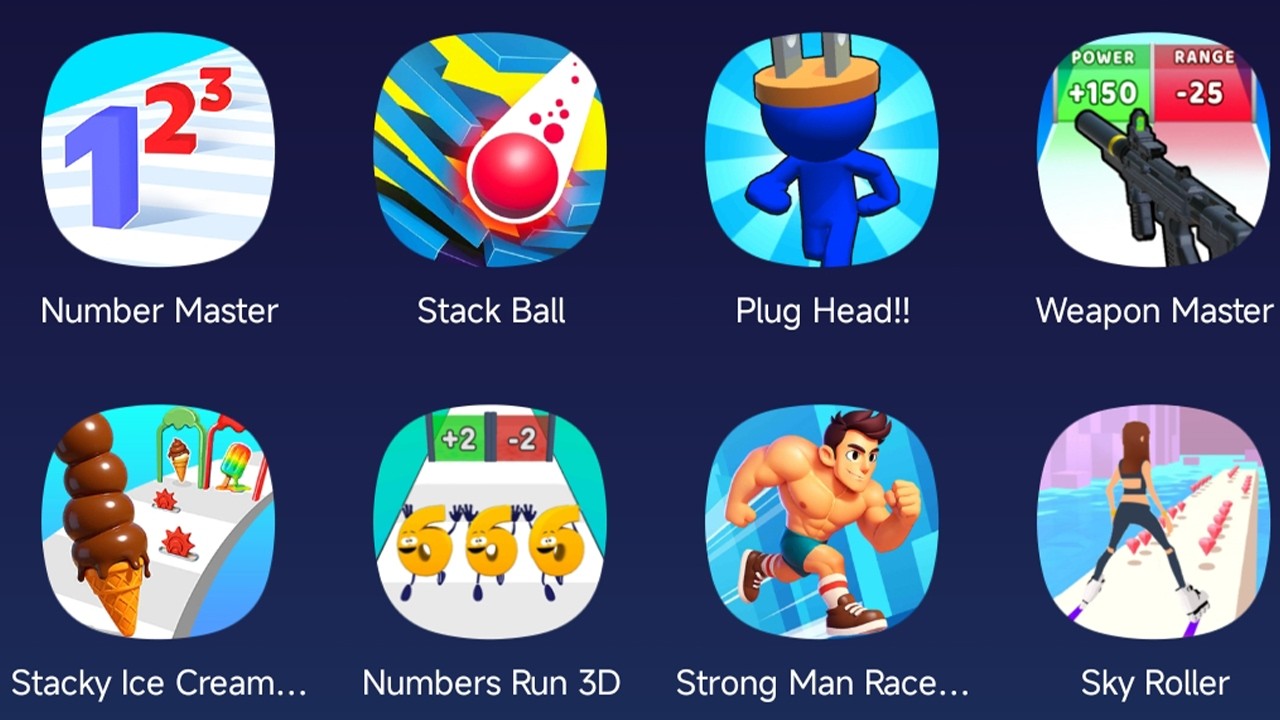 Number Master,Stack Ball,Plug Head,Weapon Master,Stacky Ice Cream,Number Run 3D,Strong Man Race