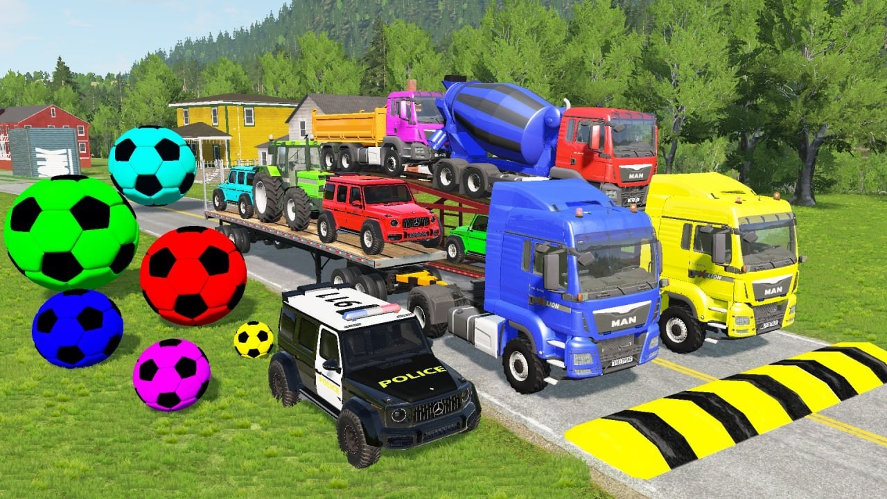 TRANSPORTING PIXAR CARS & FRUITS WITH COLORED & JOHN DEERE vs CLAAS vs TRACTORS - BeamNG.drive #962