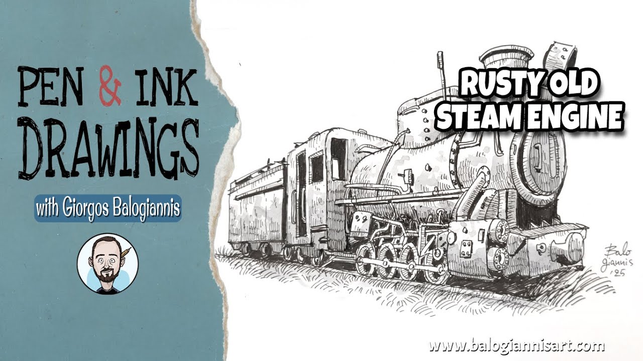 Rusty Old Steam Engine Ink Drawing – Speed Art Tutorial
