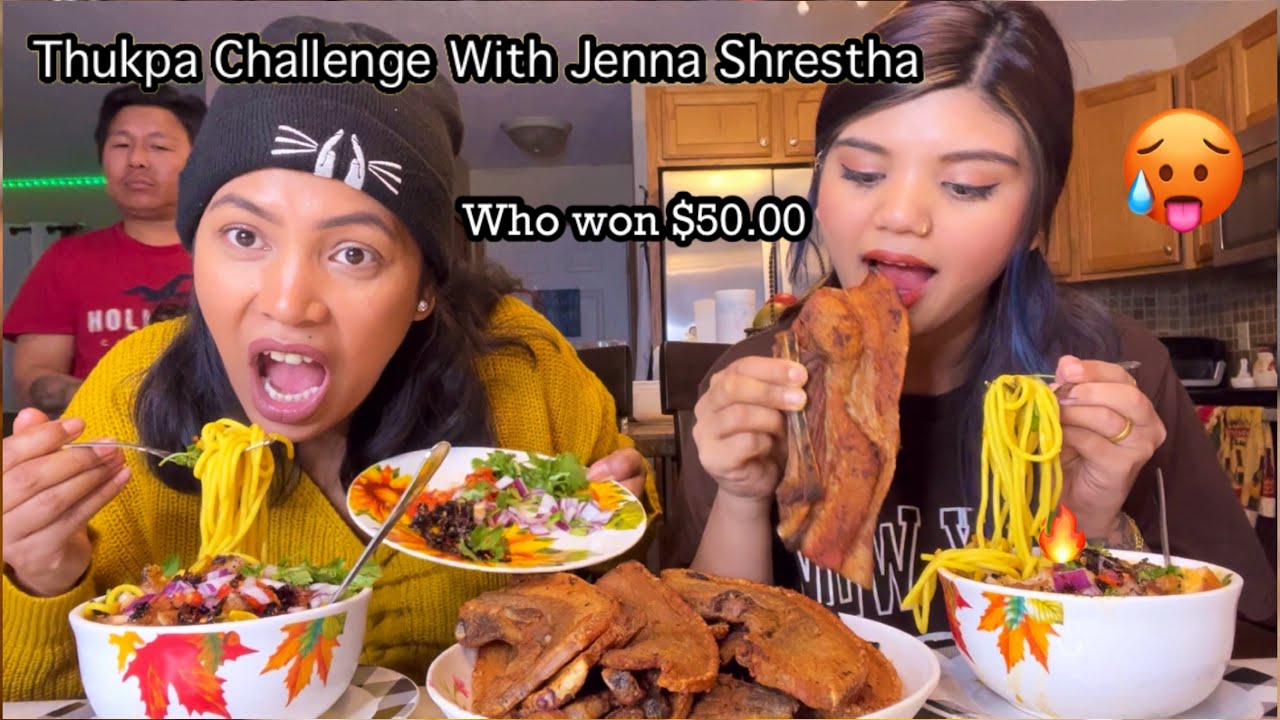 Thukpa Challenge With Jenna Shrestha/Spicy 🔥Pork Thukpa Challenge/Pork lover/who won $50.00 ?