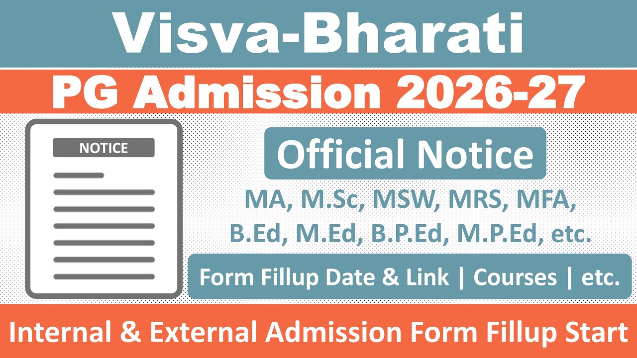 Visva Bharati University PG Admission 2026-2027: MA/M.Sc/MSW/MRS/MFA/B.Ed/M.Ed/B.P.Ed/M.P.Ed/etc.