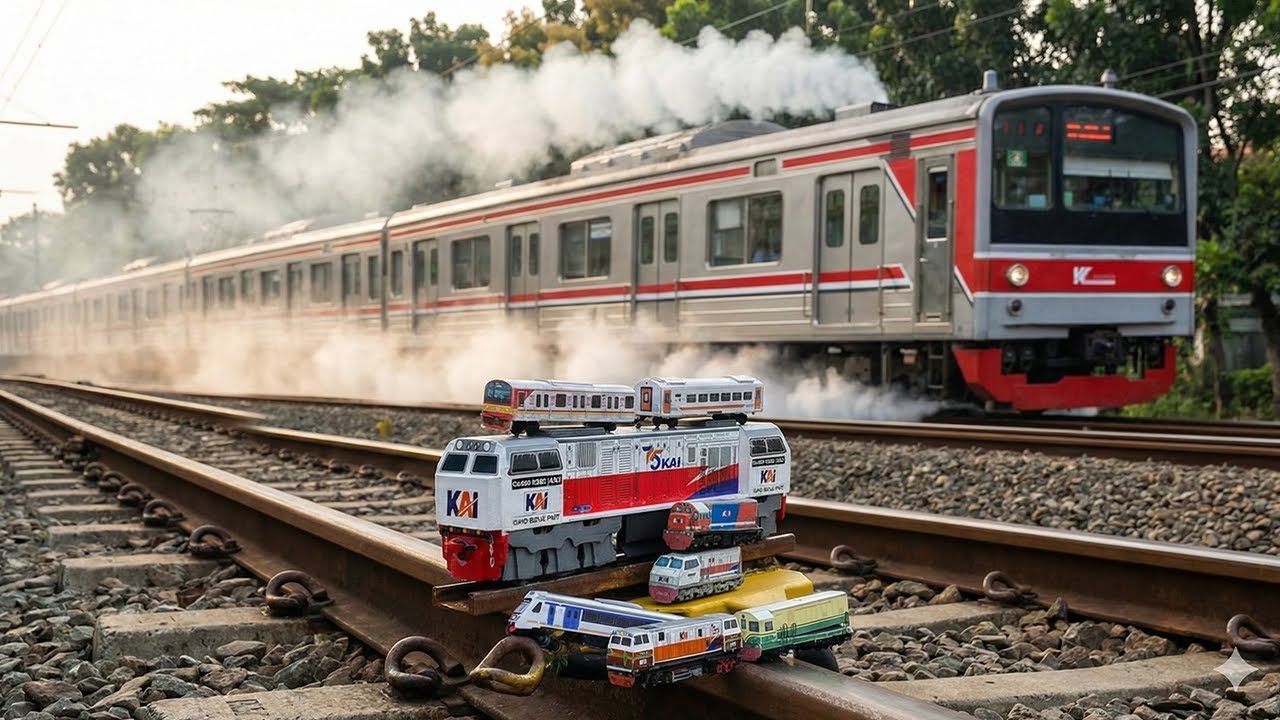 Mencari dan Menemukan Kereta Api Miniatur Di Rel Kuning CC206,CC201,Palang Pintu Saat Kereta Lewat
