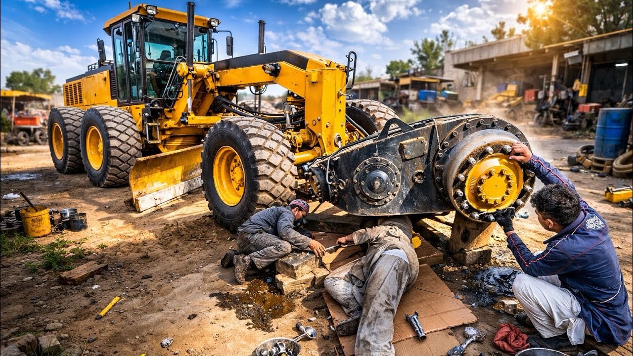 Grader Machine Maintenance Work 😱 Side Wheel Repair in Workshop || RestoreX Garage