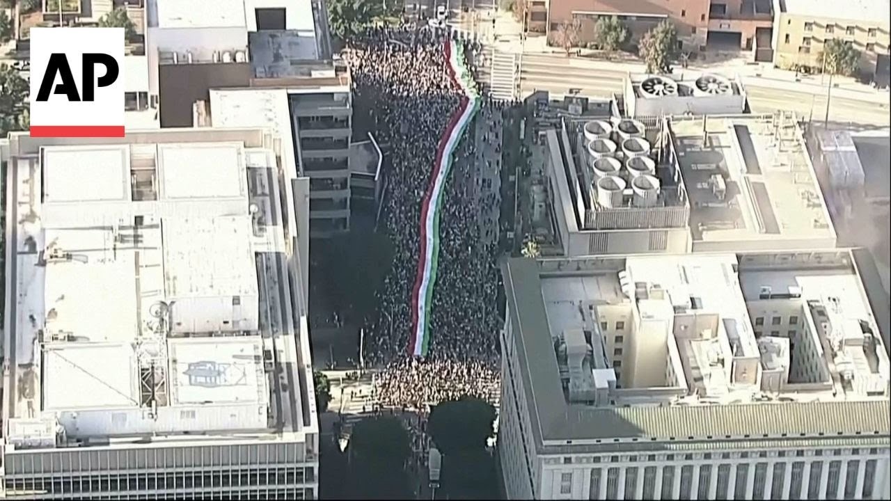 Demonstrators carry giant Iran flag at LA rally in support of protesters