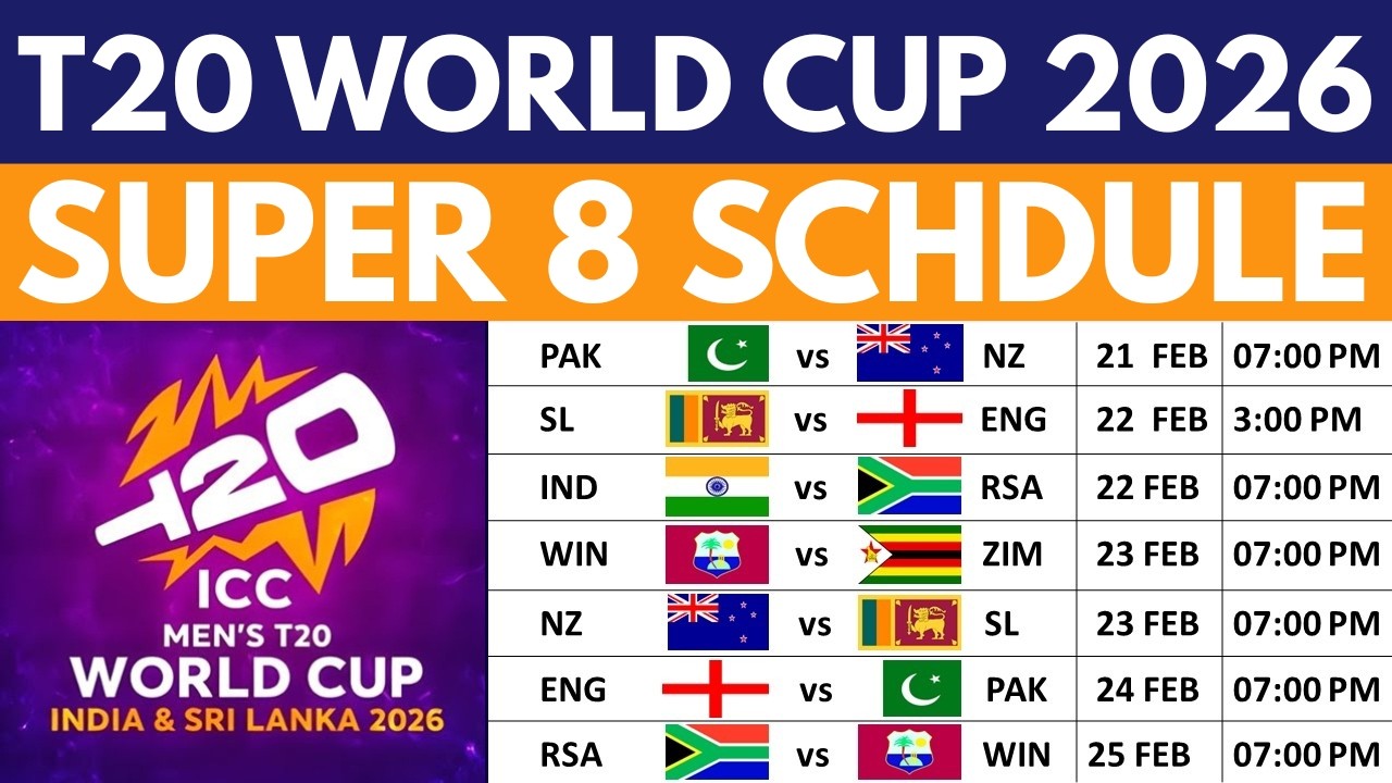 ICC T20 World Cup 2026 Super 8 Schedule | T20 World Cup 2026 full Schedule