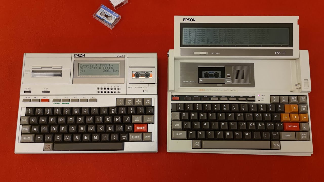 Epson PX-8 called Geneva, successor to Epson HX-20. Year 1984. Demonstration of functionality.
