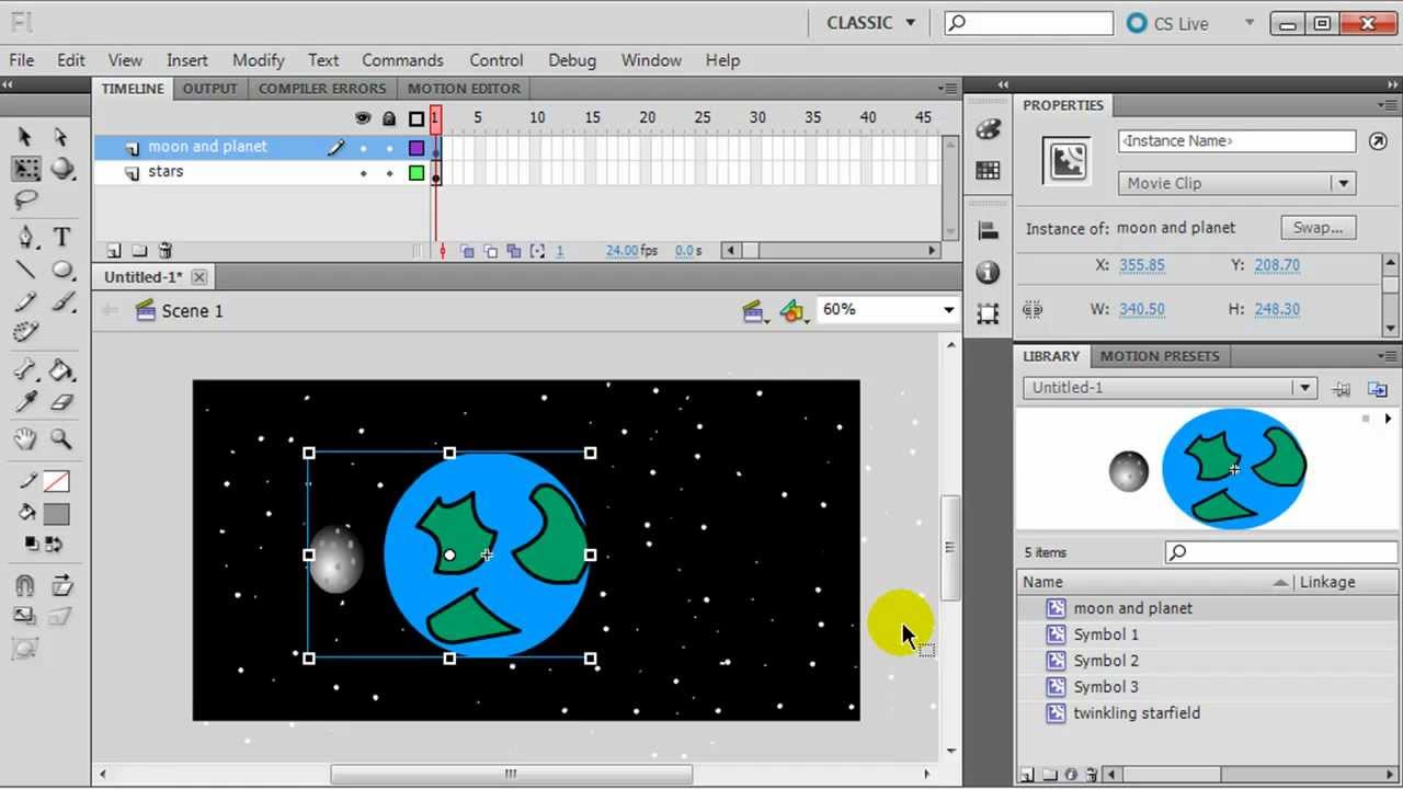Flash Animation with Symbols: Planet with Orbiting Moon and Twinkling Stars