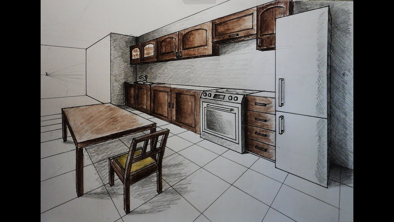 How to draw - two point perspective kitchen with furniture, desk, chair