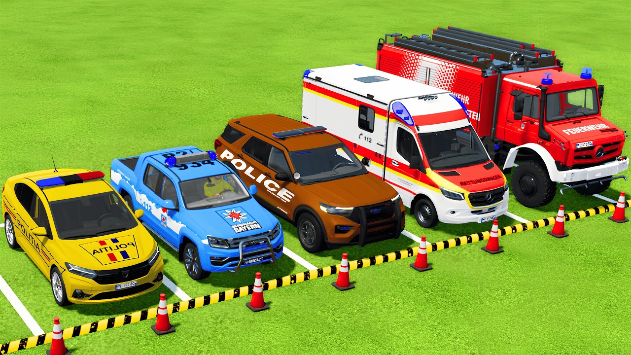 TRANSPORTING POLICE CARS, AMBULANCE and FIRE DEPARTMENT VEHICLES WITH TRUCKS ! Farming Simulator 22