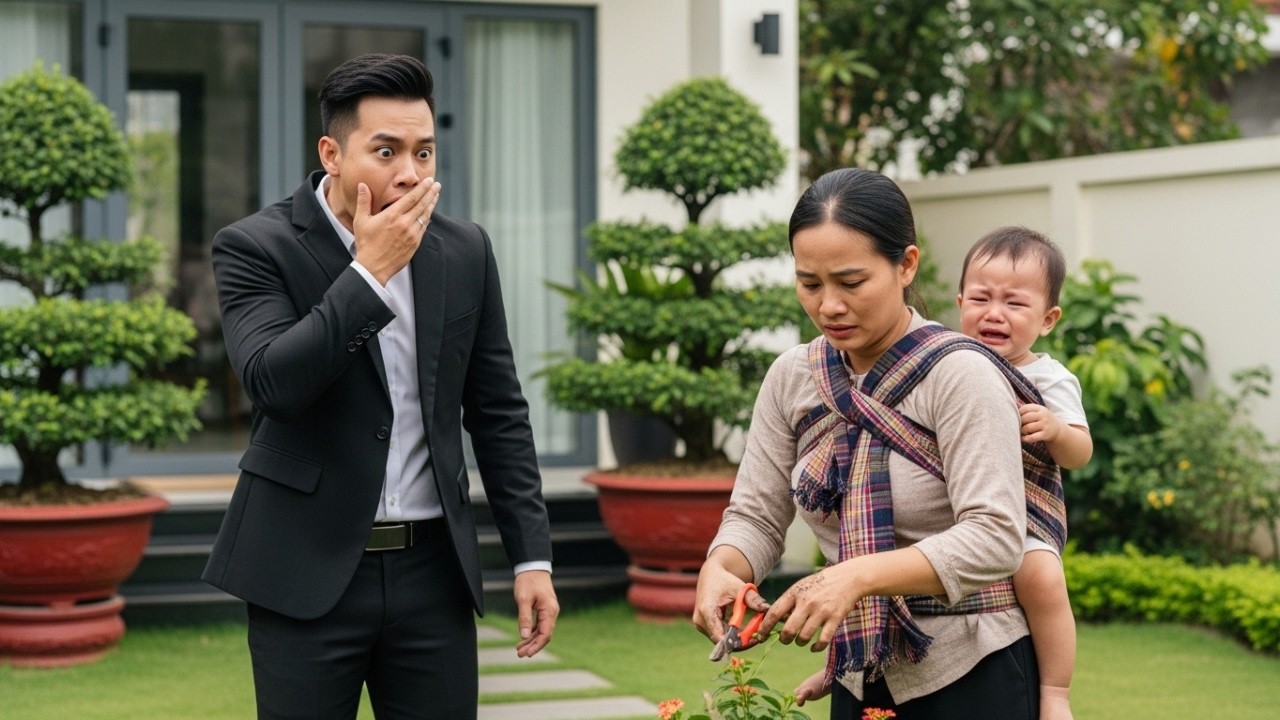Người làm vườn mới đến, địu một đứa bé trên lưng – vị triệu phú sững sờ khi biết sự thật.