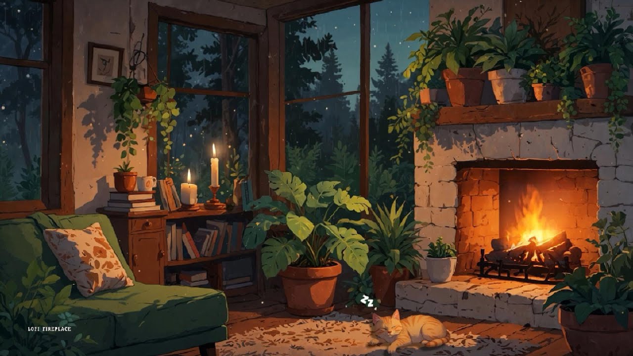 Rainy Night by the Fireplace with sleepy cat  – Cozy Lofi for Reading & Relaxation 🌧️🔥🐾