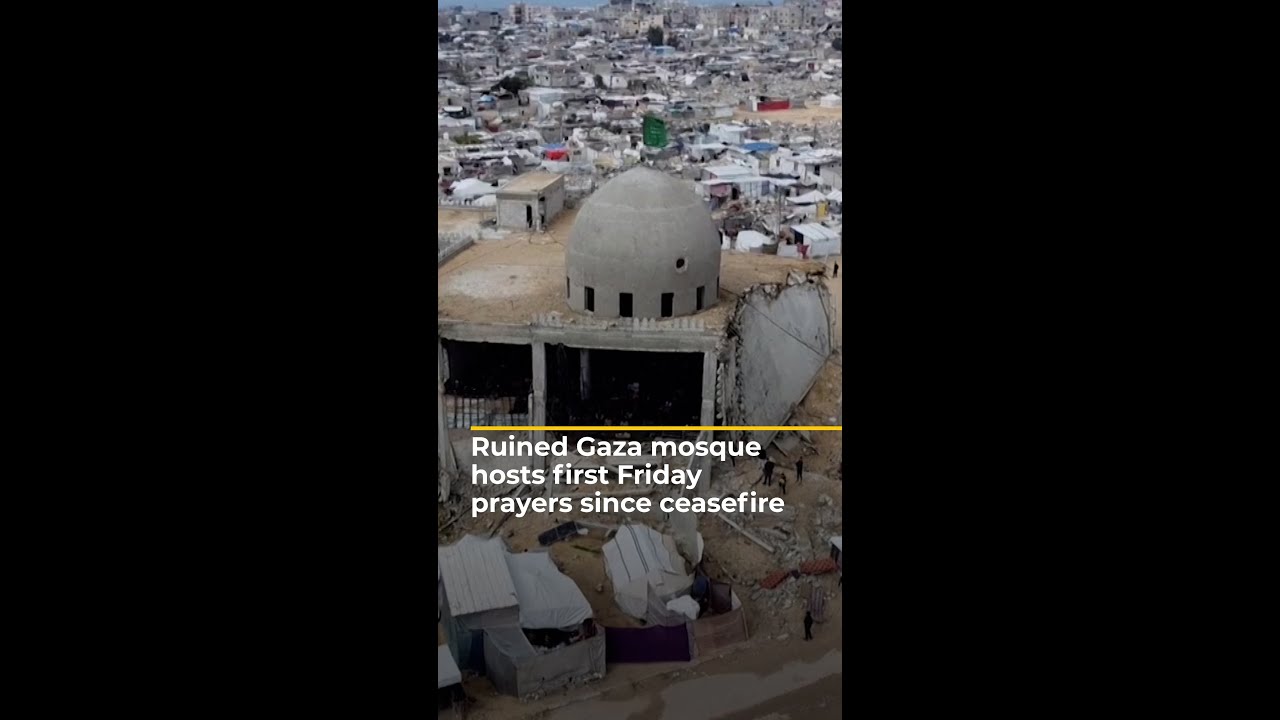 Ruined Gaza mosque hosts first Friday prayers since ceasefire | AJ #shorts