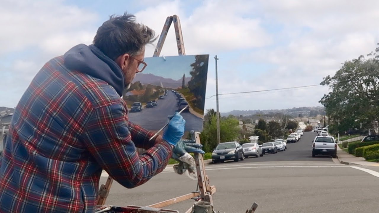 STREET SCENE with CARS plein air OIL PAINTING