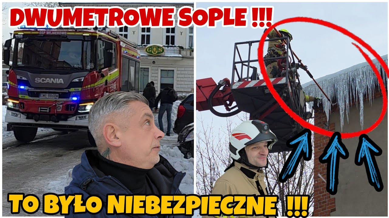 O krok od tragedii! Strażacy zrzucają DWUMETROWE SOPLE – sekundy grozy! 🚒❄️