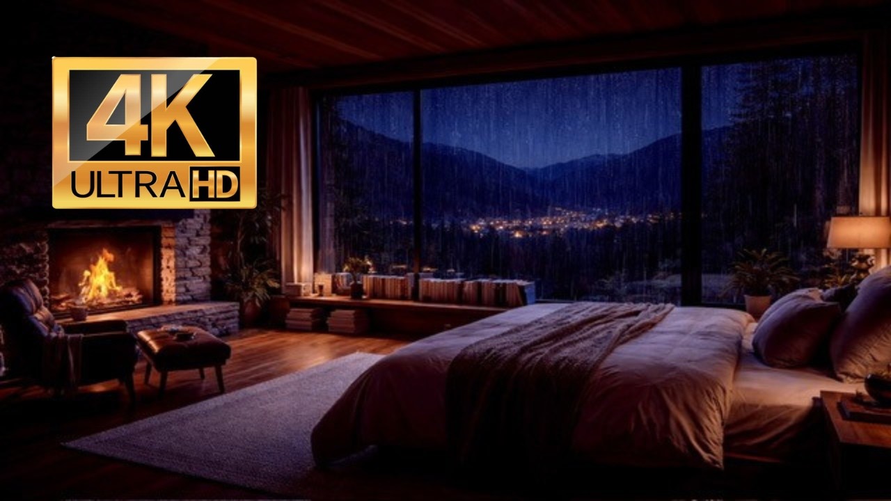 10 Hours-Nighttime Thunderstorm Haven: Inviting Room with Fireplace & Calming Rain Sounds-NO ADS