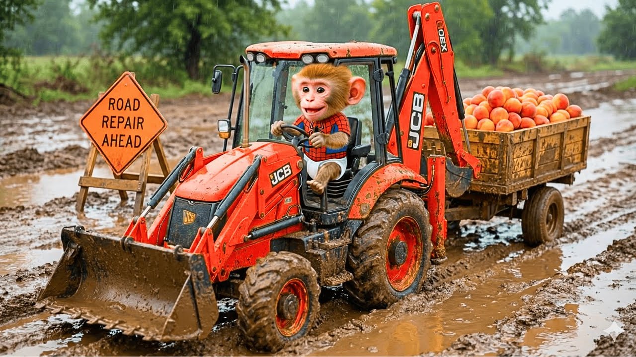 Bonzi Drives a JCB Tractor to Fix a Road After Heavy Rain 🚜🐒