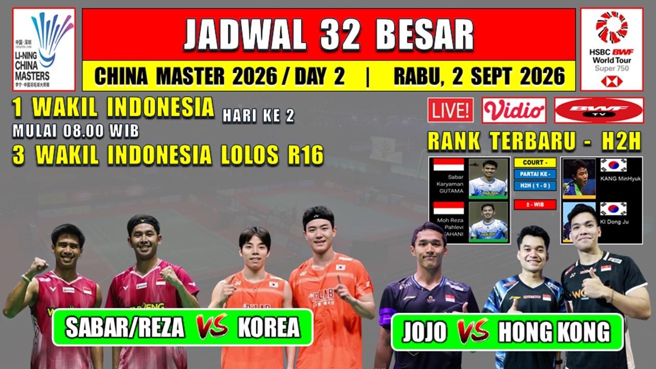 JADWAL 32 BESAR CHINA MASTER 2026 HARI INI DAY 2 ~ SABAR/REZA vs KOREA ~ 3 WAKIL LOLOS 16 BESAR