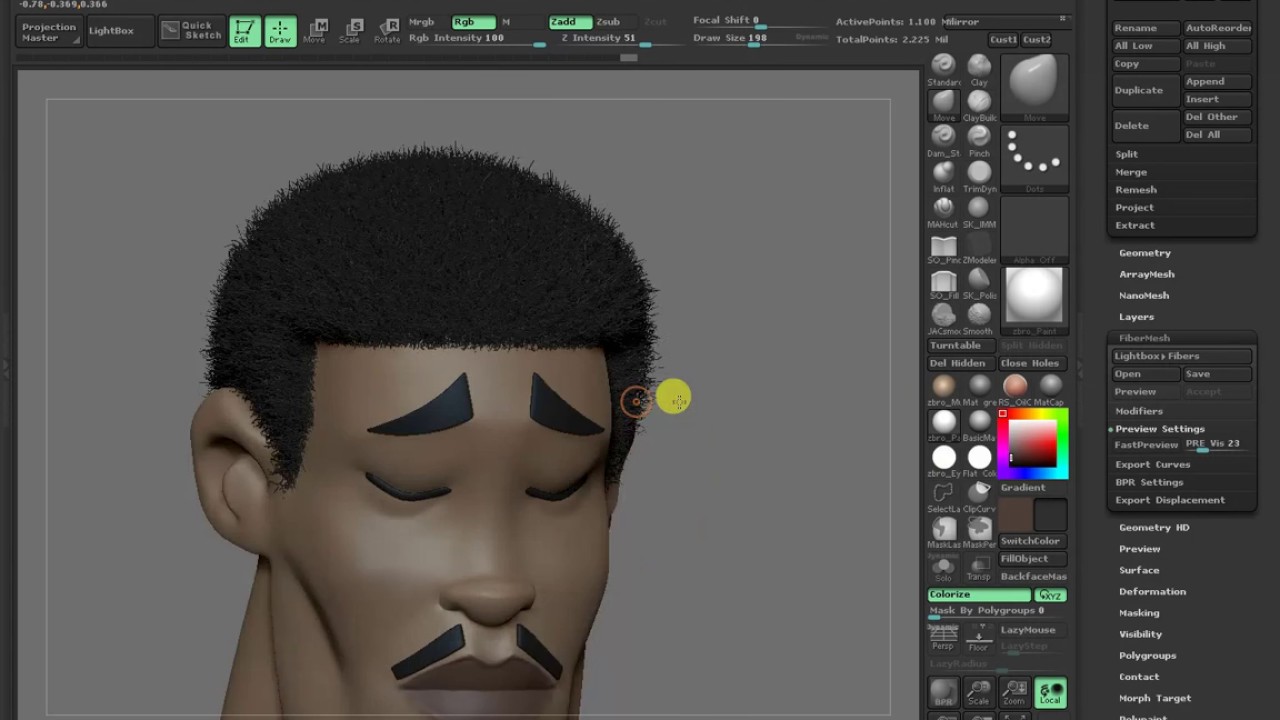 Zbrush : Fibermesh Afro Hair walkthrough(No Audio)